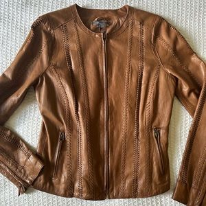 Vince Brown Zip Front Collarless Leather Jacket with Lacing Detail